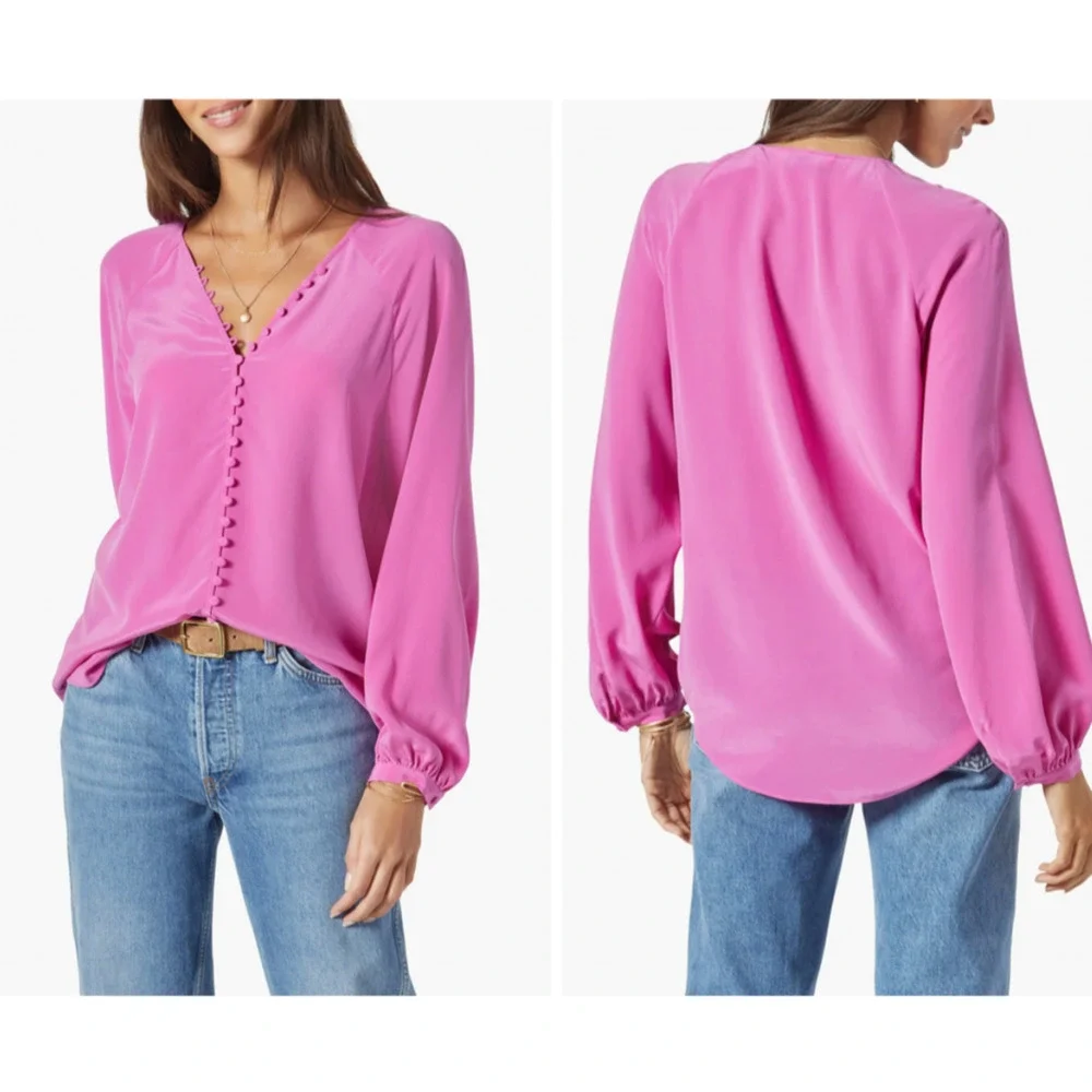 $278 Joie Shariana L LS V-Neck Blouse Top 100% Silk NEW Purple Orchid A31 - Picture 1 of 8